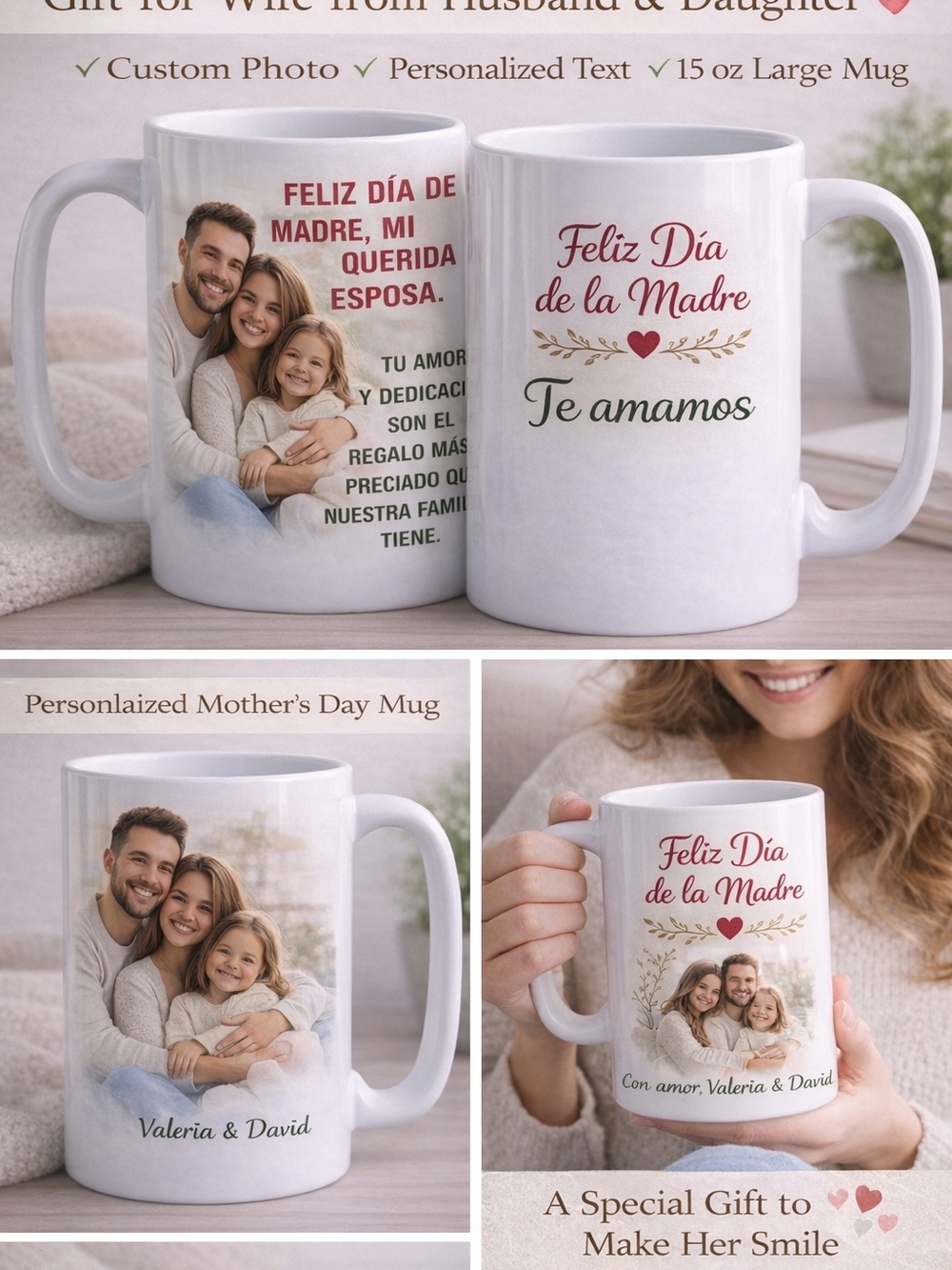 Personalized Mother's Day Mug 15oz | Custom Photo + Text | Gift for Wife